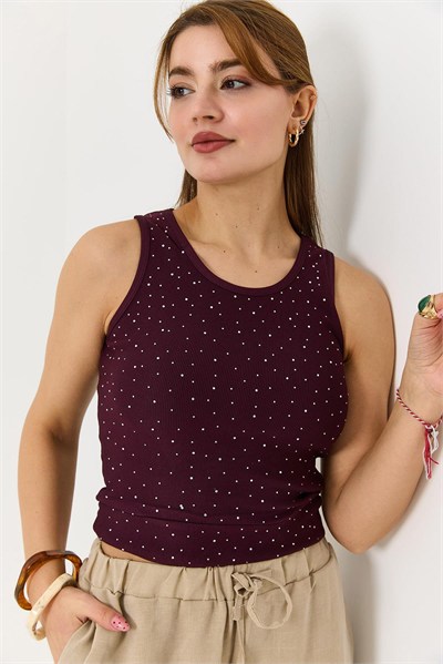 Bordo Taş Detaylı Kaşkorse Bluz