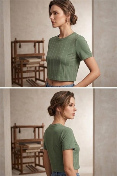 Haki Taş Detaylı Crop Bluz