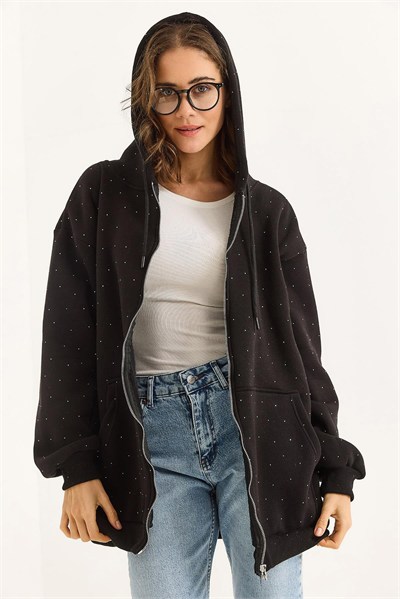 Siyah Taş Detaylı Oversize Hırka