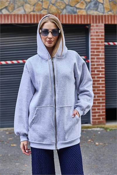 Gri Taş Detaylı Oversize Hırka
