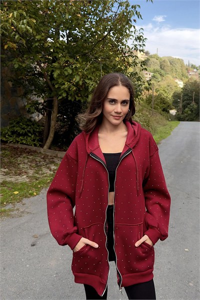 Bordo Taşlı Oversize Sweat Hırka