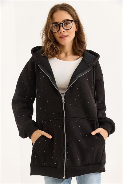 Siyah Taş Detaylı Oversize Hırka
