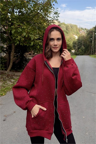 Bordo Taşlı Oversize Sweat Hırka