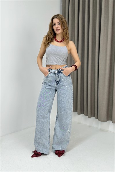 Mavi Taşlı Bol Paça Jeans