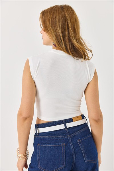 Beyaz Taşlı Fitilli Crop Bluz