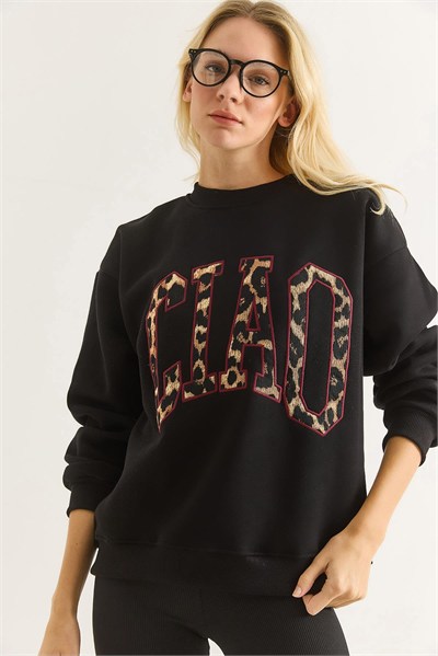 Siyah Leopar Baskılı Sweatshirt