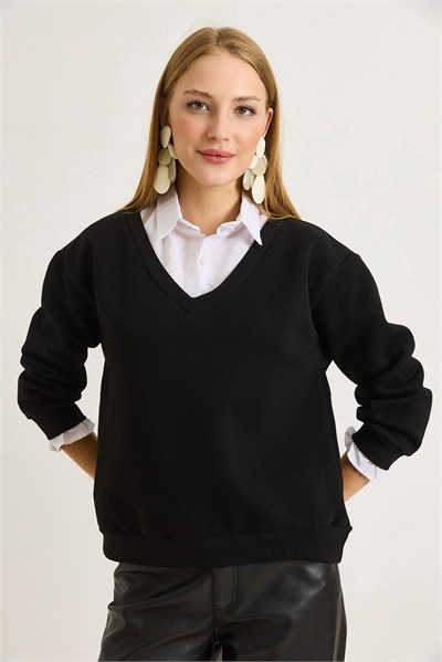 Siyah Şardonlu V Yaka Sweatshirt