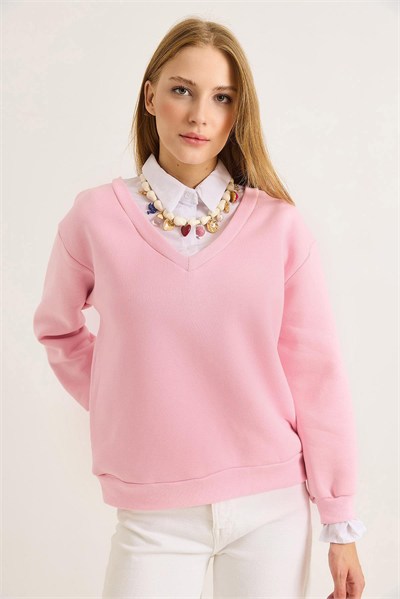 Pembe Şardonlu V Yaka Sweatshirt