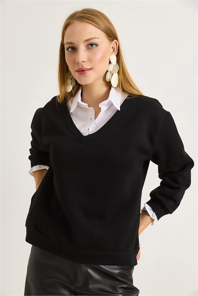 Siyah Şardonlu V Yaka Sweatshirt