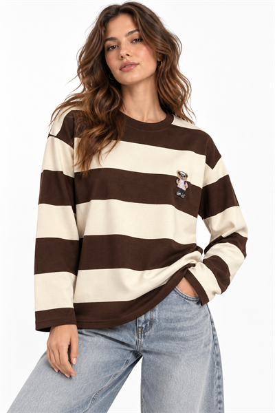 Kahve Çizgili Ayıcık Desenli Sweatshirt