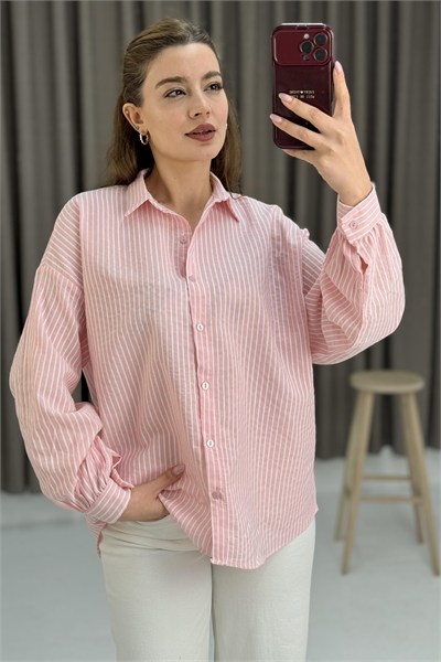 Pembe Çizgili Oversize Gömlek