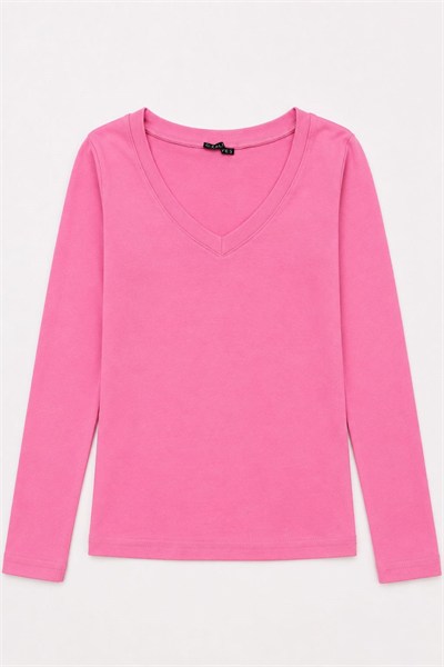 Pembe V Yaka Uzun Kol Bluz