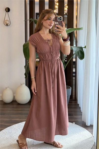 Gül Kurusu Bağlamalı Pamuk Elbise