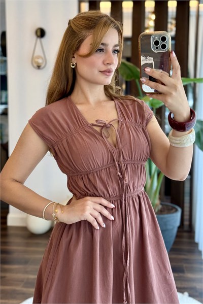 Gül Kurusu Bağlamalı Pamuk Elbise