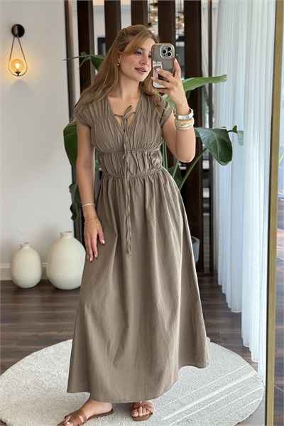 Haki Bağlama Detaylı Pamuklu Elbise