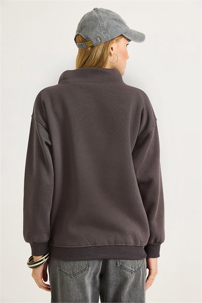 Füme Fermuarlı Yaka Sweatshirt
