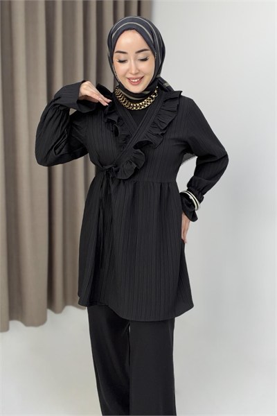 Siyah Fırfırlı Krinkıl Kimono