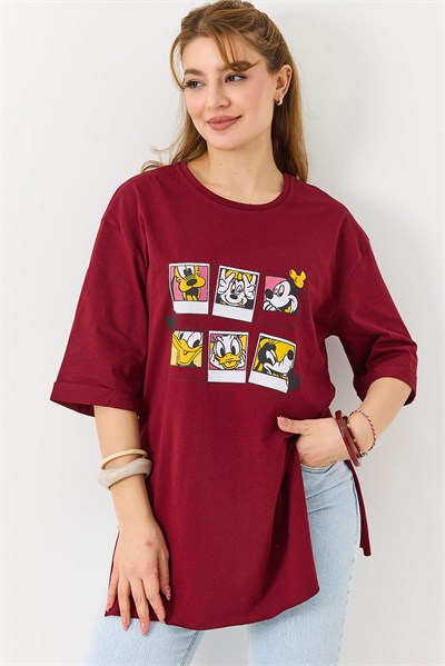 Bordo Yırtmaçlı Oversize Baskılı Tişört