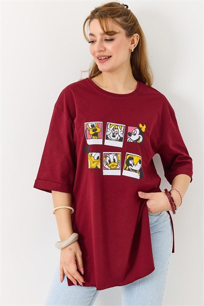 Bordo Yırtmaçlı Oversize Baskılı Tişört