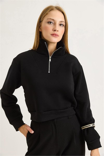 Siyah Yarım Fermuarlı Sweatshirt