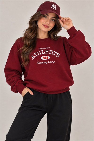 Bordo Nakışlı Şardonlu Sweatshirt