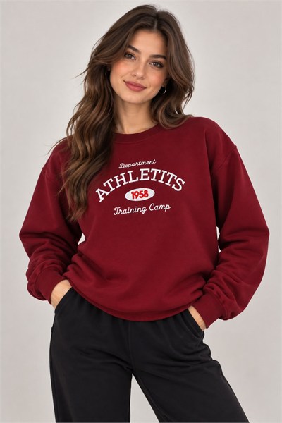 Bordo Nakışlı Şardonlu Sweatshirt