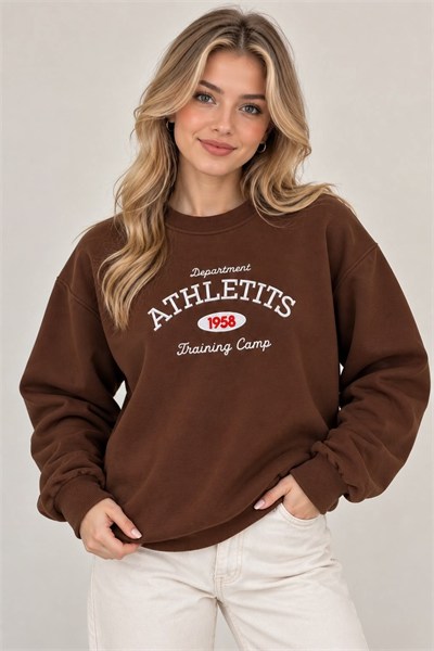 Kahverengi Nakışlı Şardonlu Sweatshirt