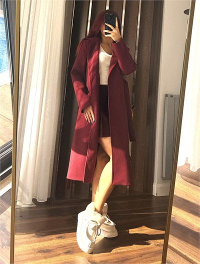 Bordo Kuşaklı Kaşe Mont