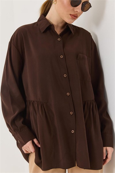 Kahverengi Fırfırlı Oversize Tunik Gömlek