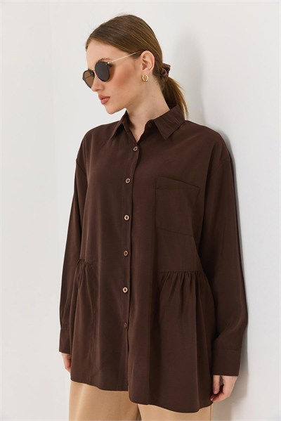 Kahverengi Fırfırlı Oversize Tunik Gömlek