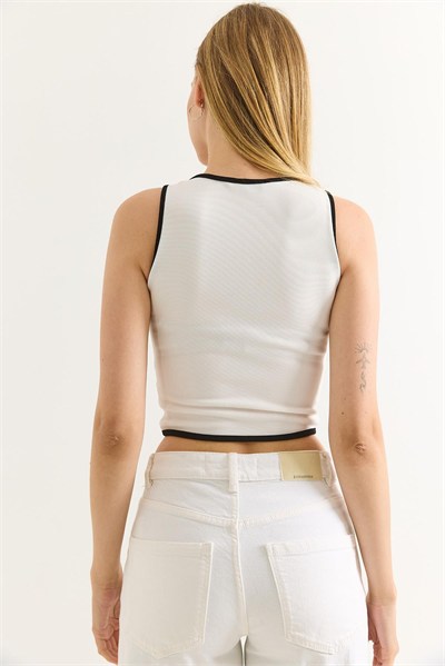Beyaz Fermuar Detaylı Crop Bluz
