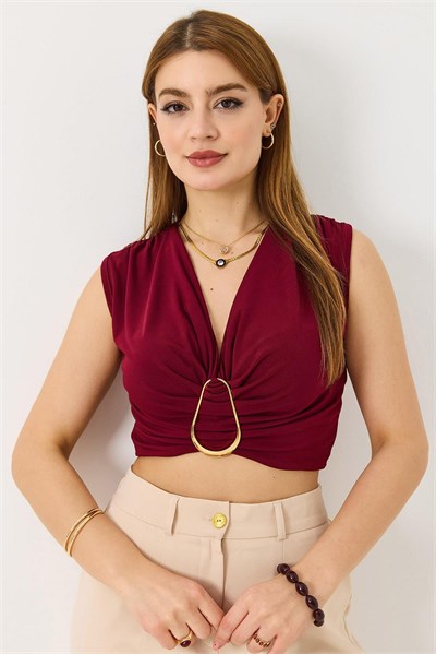 Bordo Toka Detaylı Bluz