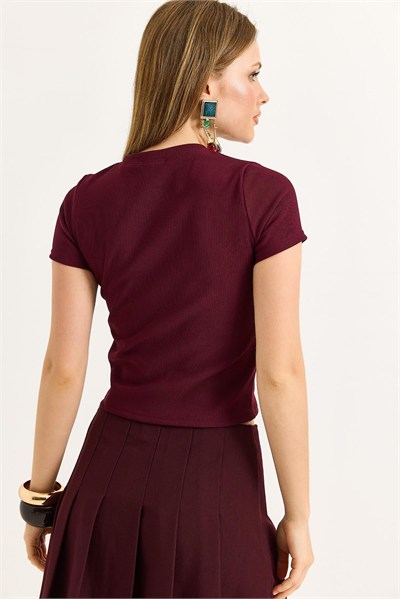 Bordo Kalp Detaylı Fitilli Bluz