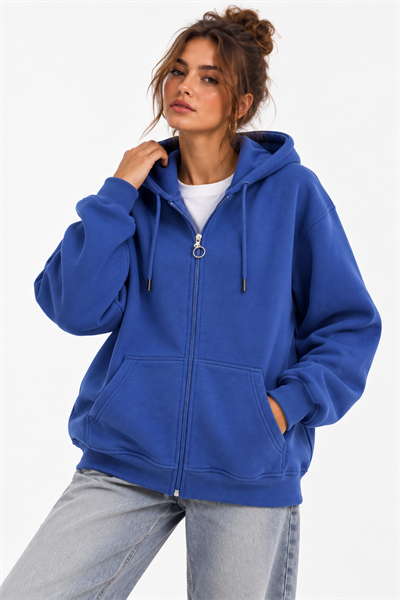 Lacivert Fermuarlı Oversize Şardonlu Sweatshirt