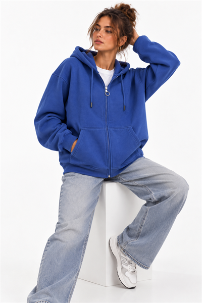 Lacivert Fermuarlı Oversize Şardonlu Sweatshirt