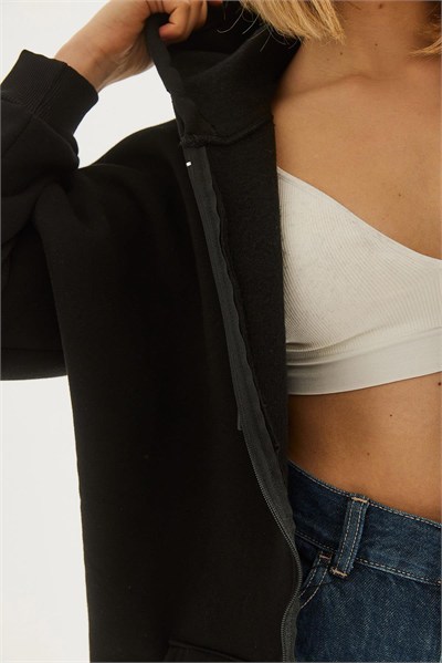 Siyah Fermuarlı Oversize Şardonlu Sweatshirt
