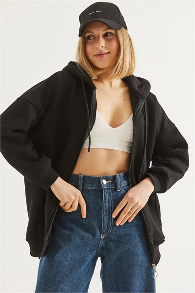 Siyah Fermuarlı Oversize Şardonlu Sweatshirt
