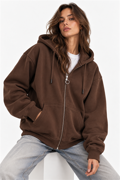 Kahve Fermuarlı Oversize Şardonlu Sweatshirt