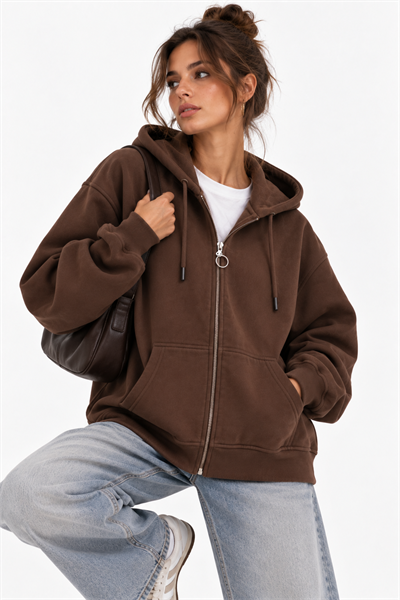 Kahve Fermuarlı Oversize Şardonlu Sweatshirt
