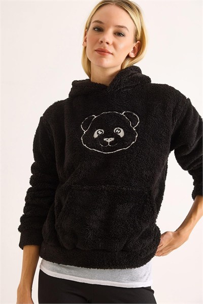 Siyah Nakışlı Peluş Sweatshirt