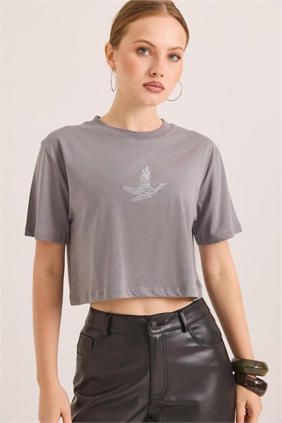 Füme Kuş Baskılı Crop Tişört