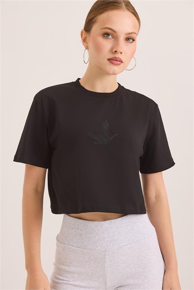 Siyah Kuş Baskılı Crop Tişört