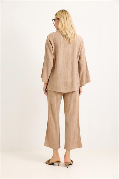 Bej Krınkıl Kimono Pantolon Takım