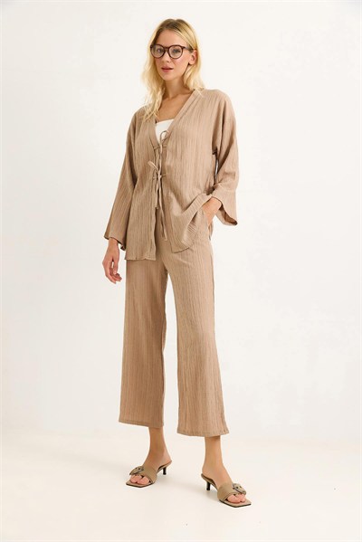 Bej Krınkıl Kimono Pantolon Takım