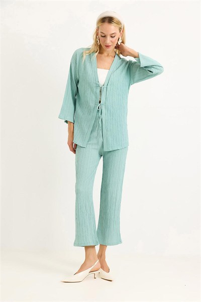 Yeşil Krınkıl Kimono Pantolon Takım
