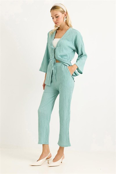 Yeşil Krınkıl Kimono Pantolon Takım
