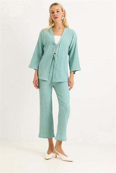Yeşil Krınkıl Kimono Pantolon Takım