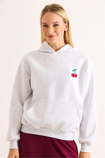 Gri Kiraz Nakışlı Sweatshirt