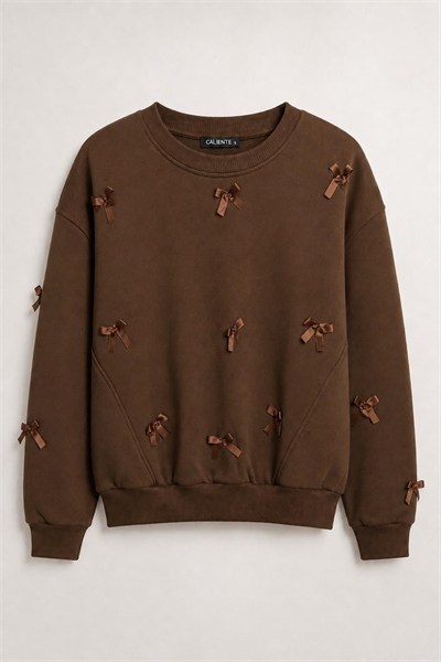 Kahverengi Kurdele Detaylı Şardonlu Sweatshirt