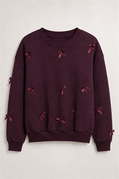 Mürdüm Kurdele Detaylı Şardonlu Sweatshirt